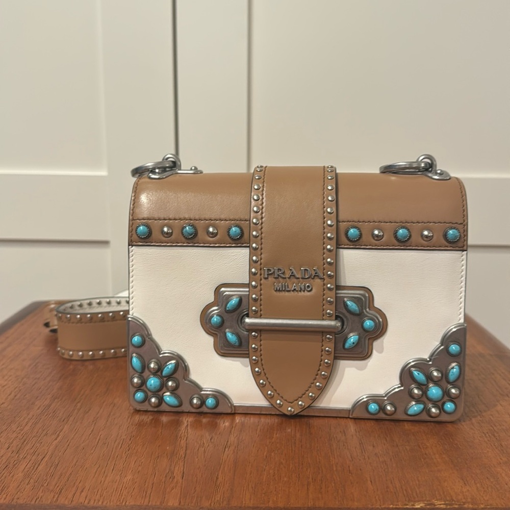 Prada Cahier | Bianca/Caramel City Calf Leather Studded Folk Cahier Bag